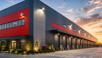 Modern warehouse at sunset glow